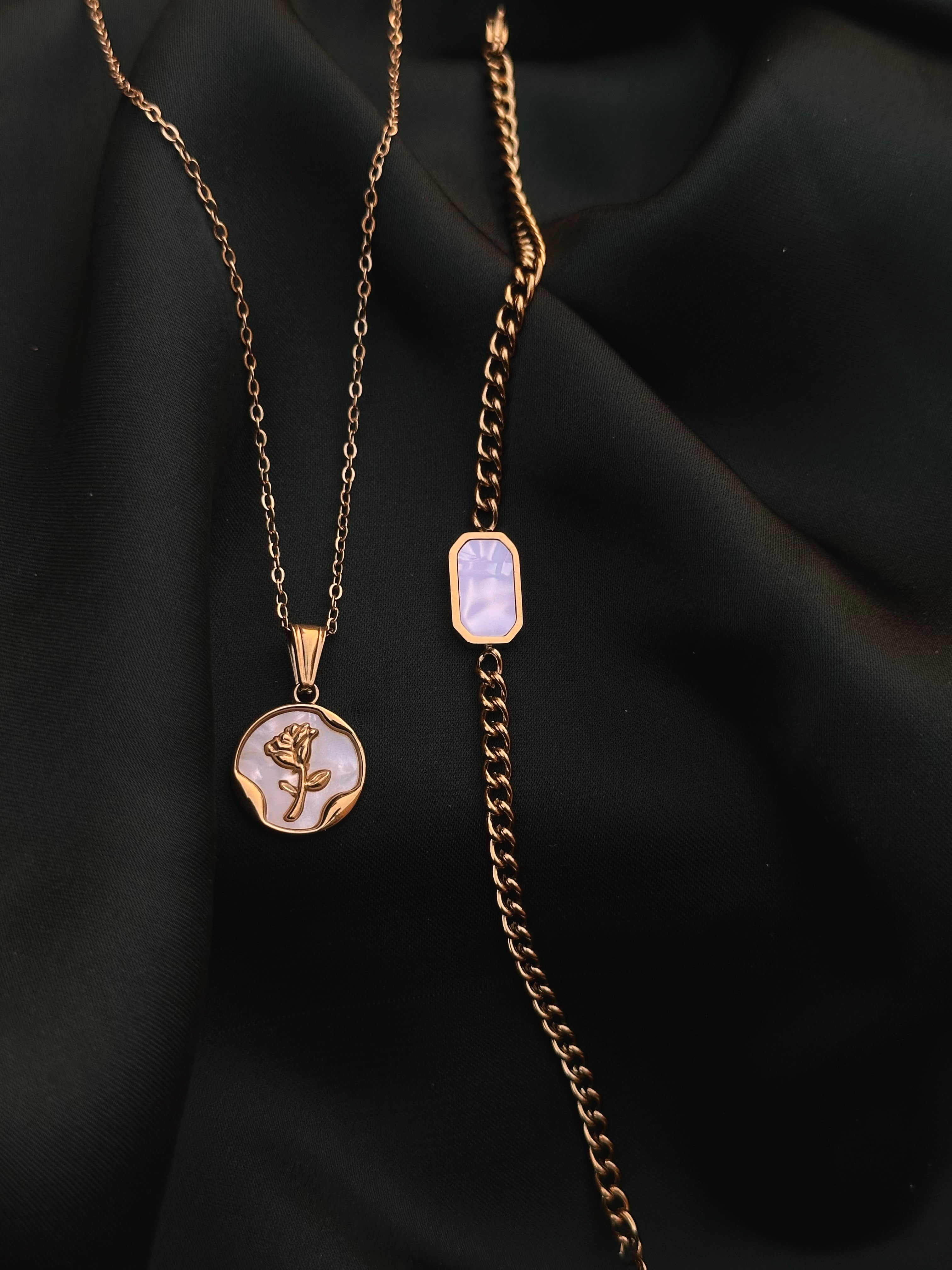 Pearl Coin Necklace layered with the Noir Pearl White Bracelet