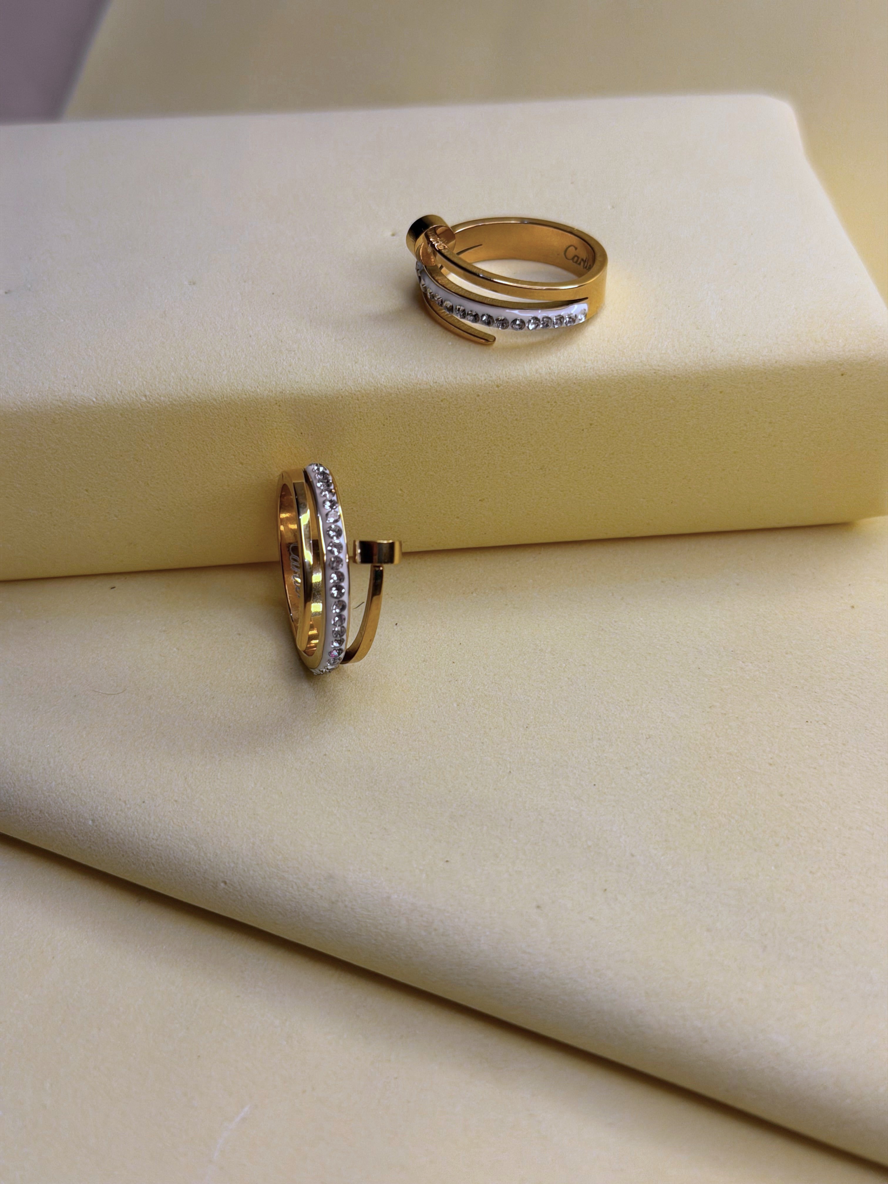 Triple Tier Orbit Ring — three slim gold-toned bands with a crystal-set row