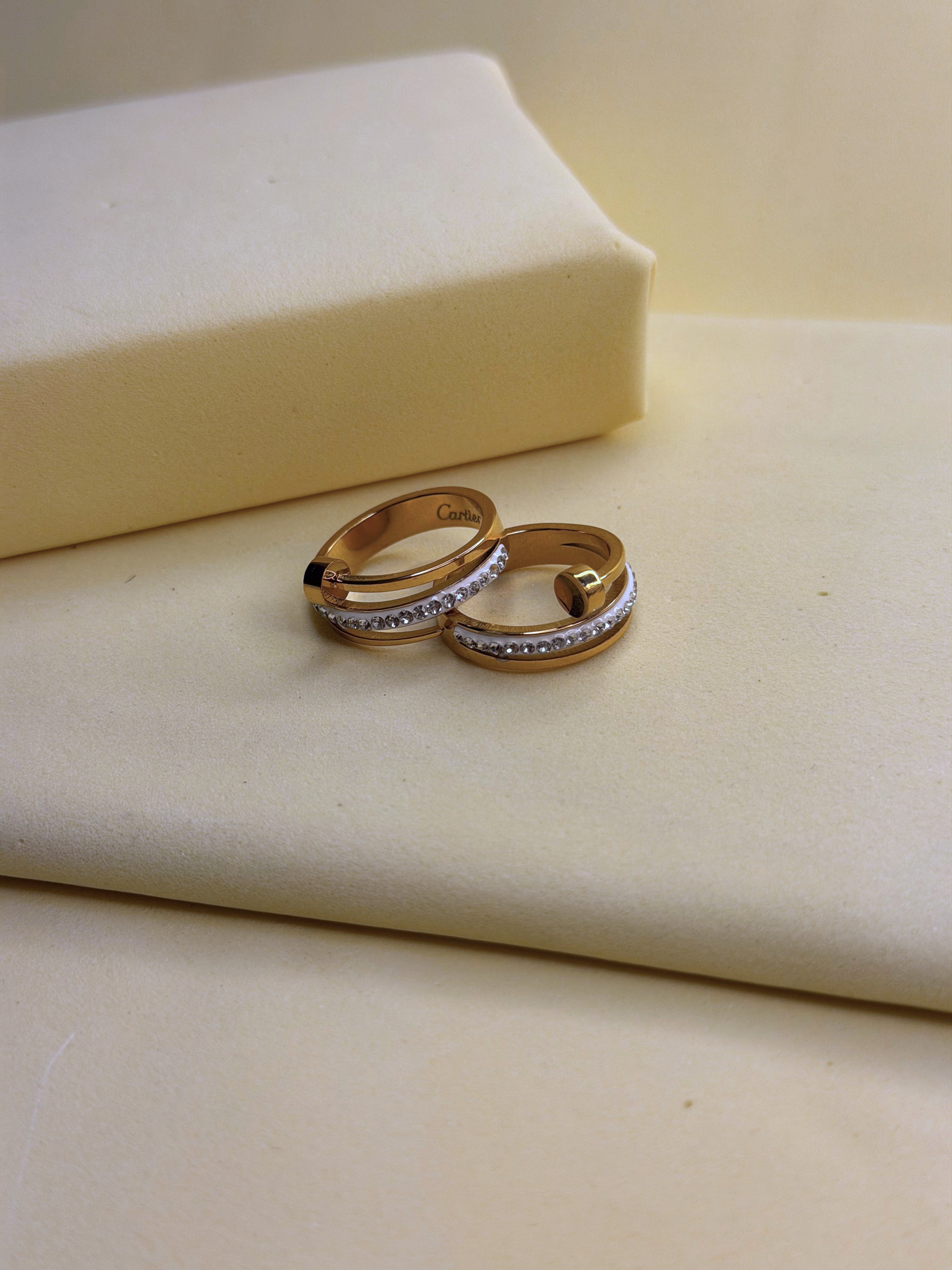 Triple Tier Orbit Ring close up, showing the stacked band detail
